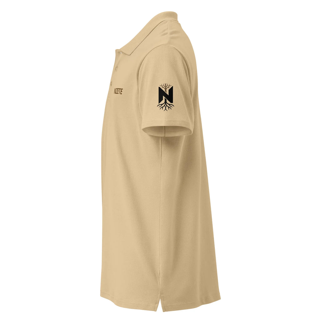 Sand color unisex premium pique polo shirt with logo print on sleeve and chest