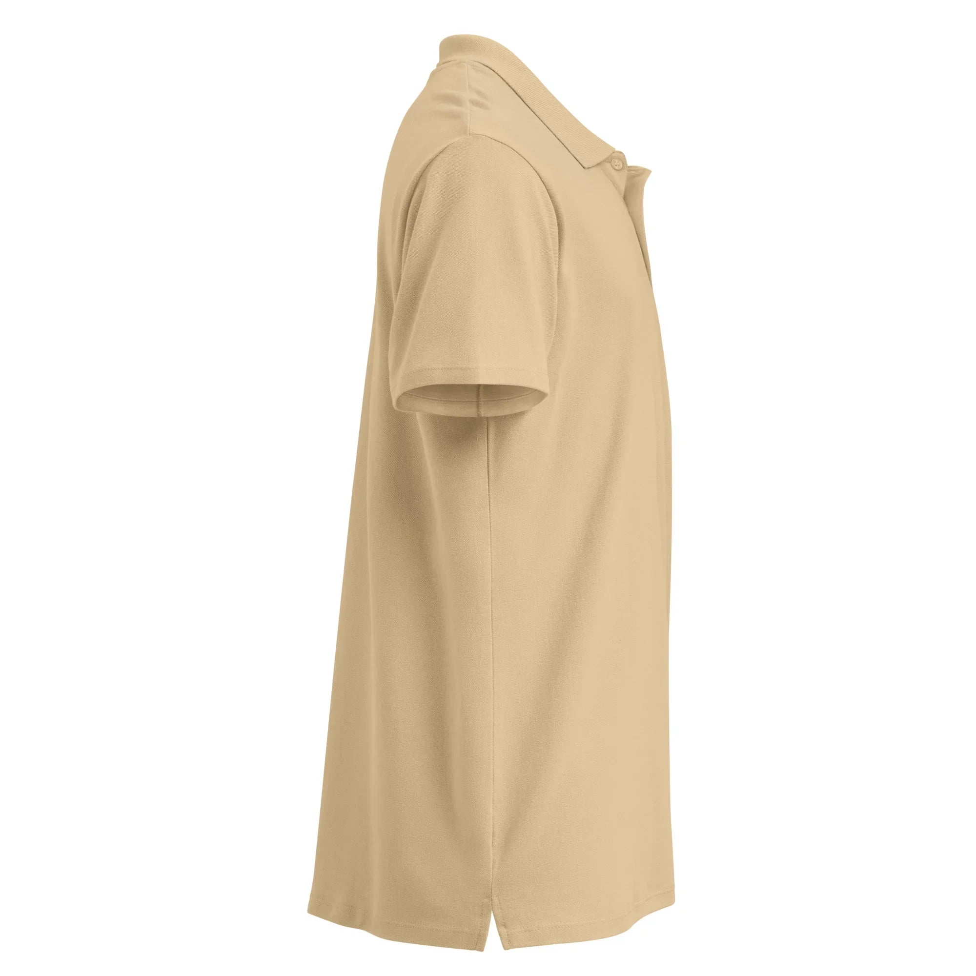 Sand color unisex premium pique polo shirt, short sleeve, side view, athletic apparel