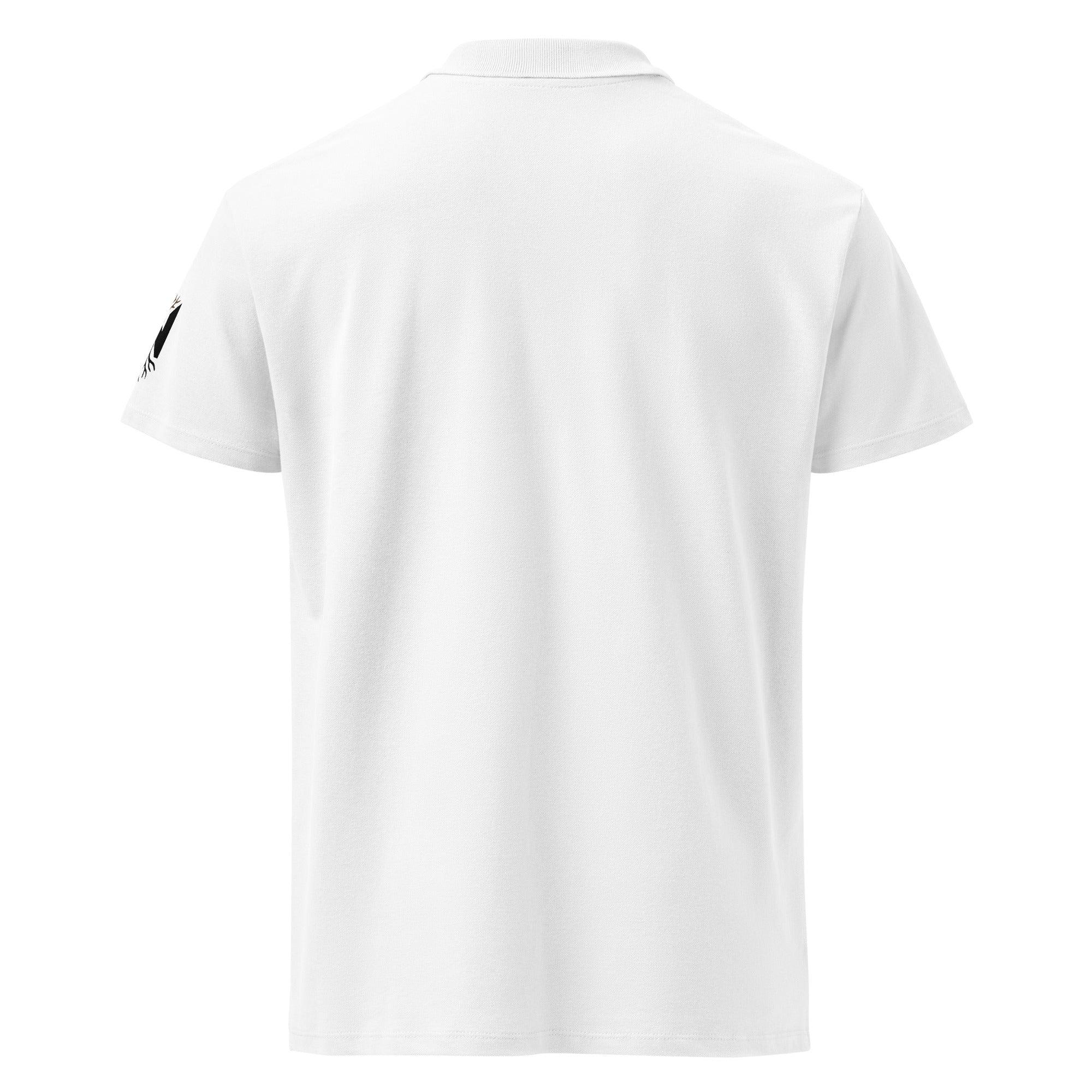 Back view of a unisex white premium pique polo shirt with short sleeves