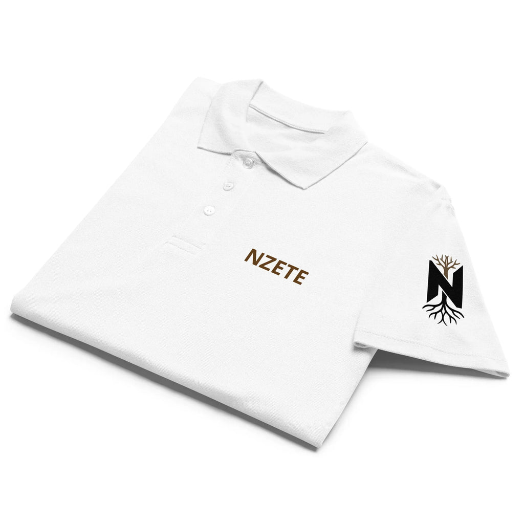 White unisex premium polo shirt with NZETE logo on chest and an N tree emblem on sleeve