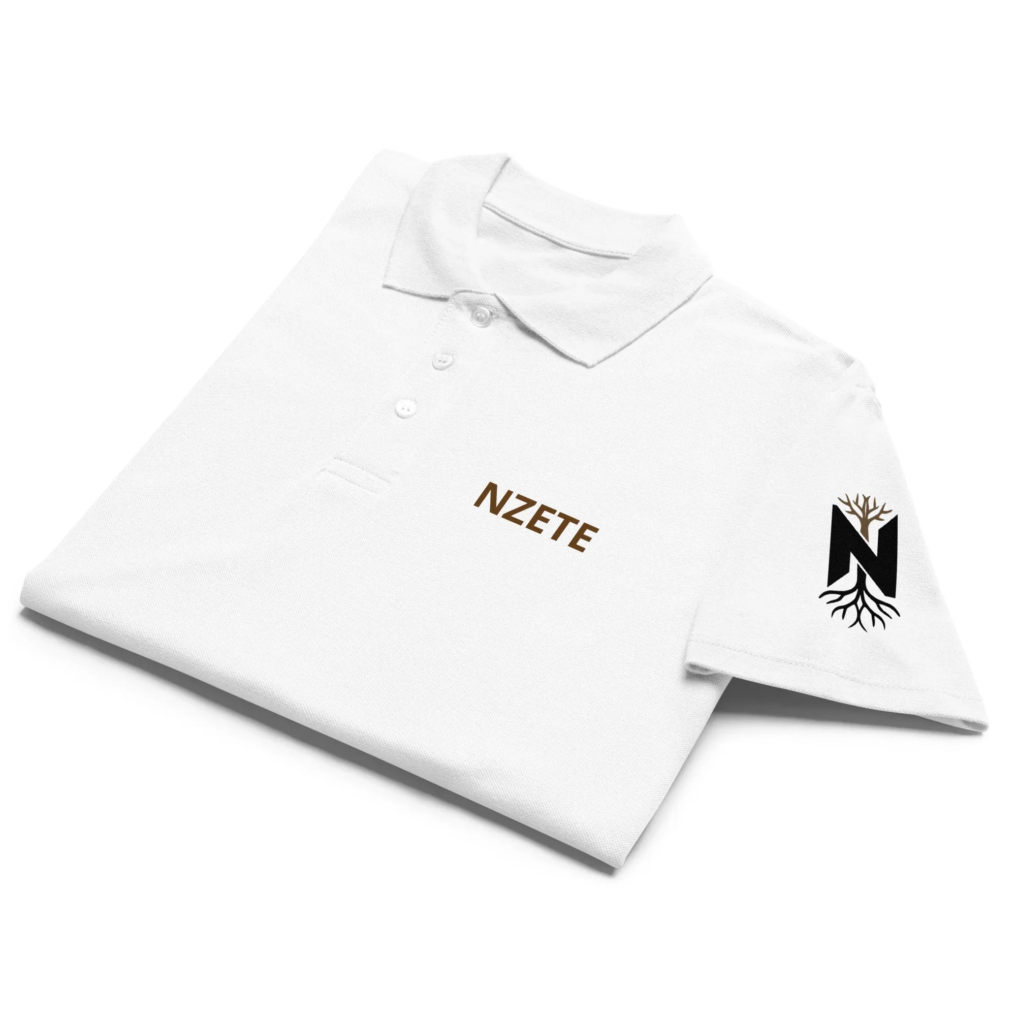 White unisex premium polo shirt with NZETE logo on chest and an N tree emblem on sleeve