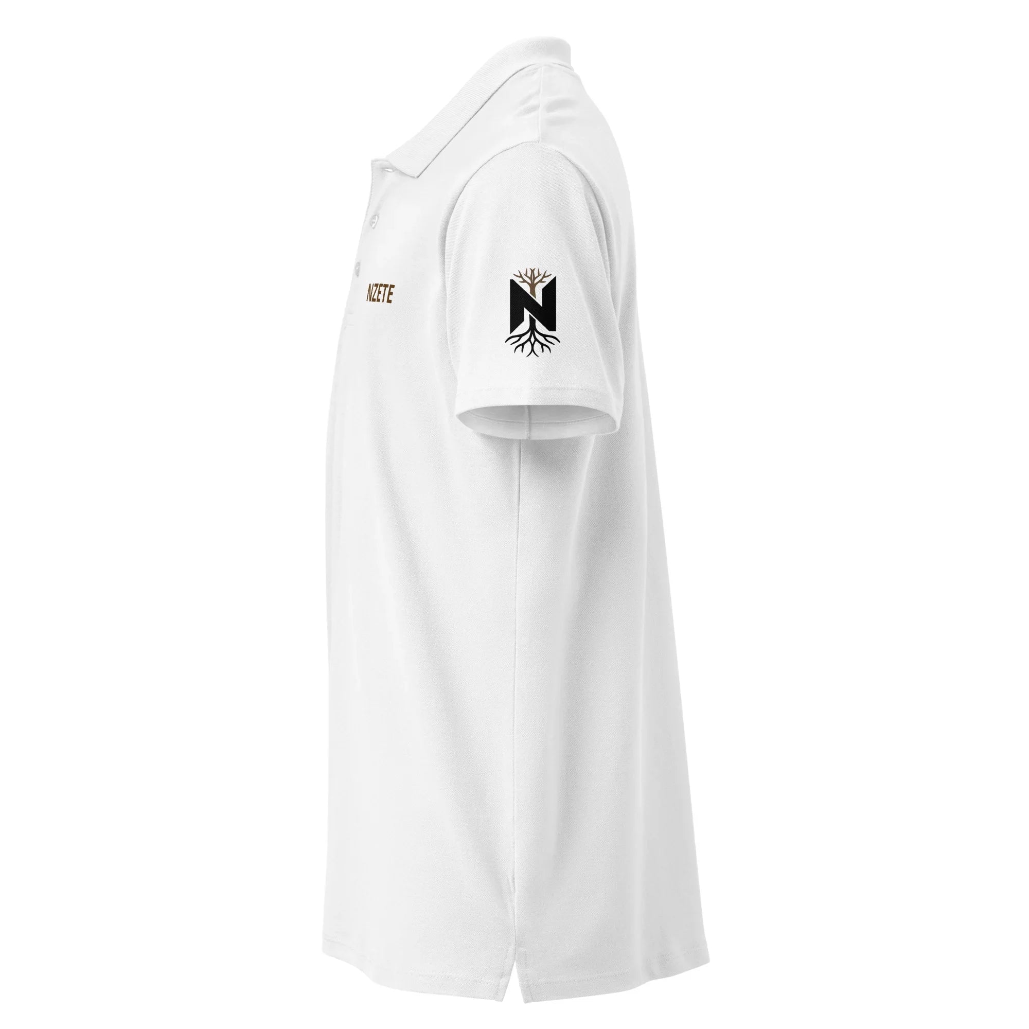 White unisex premium pique polo shirt with logo on sleeve and chest, side view