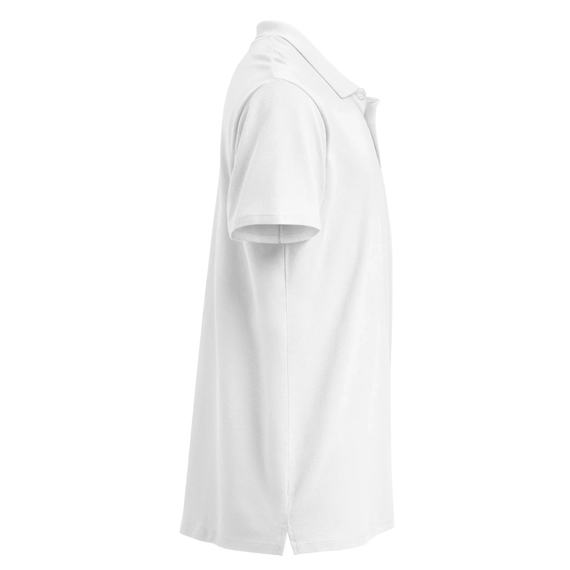 Unisex white premium pique polo shirt side view, short sleeves, classic collar